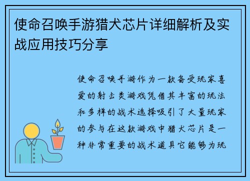 使命召唤手游猎犬芯片详细解析及实战应用技巧分享